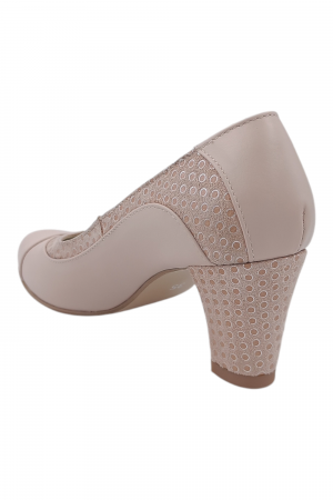 Pantofi damă eleganți, piele naturală, vârf rotund, toc gros mediu, imprimeu buline, bej-roz [2]