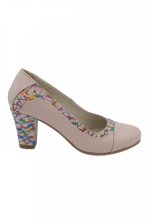 Pantofi cu toc gros 6 cm - Pantofi damă eleganți, piele naturală, vârf rotund, toc gros mediu, imprimeu mozaic, bej-roz