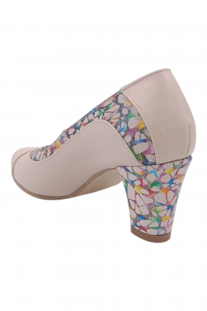 Pantofi damă eleganți, piele naturală, vârf rotund, toc gros mediu, imprimeu mozaic, bej-roz [2]