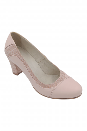 Pantofi damă eleganți, piele naturală, vârf rotund, toc gros mediu, imprimeu buline, bej-roz [1]