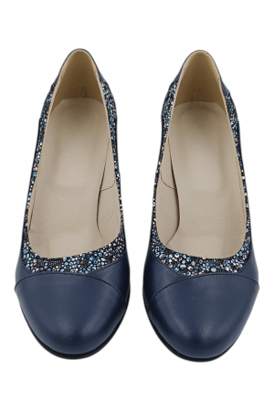 Pantofi damă eleganți, piele naturală, vârf rotund, toc gros mediu, imprimeu flori albastre, albastru [3]