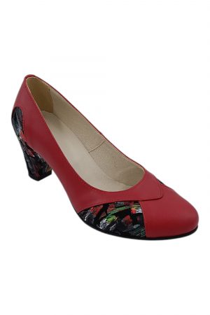 Pantofi cu toc gros 6 cm - Pantofi damă eleganți, piele naturală, vârf rotund, toc gros mediu, imprimeu picasso, rosu