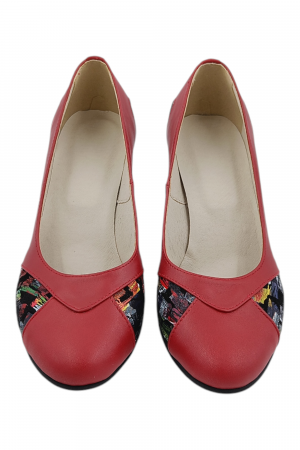 Pantofi damă eleganți, piele naturală, vârf rotund, toc gros mediu, imprimeu picasso, rosu [3]