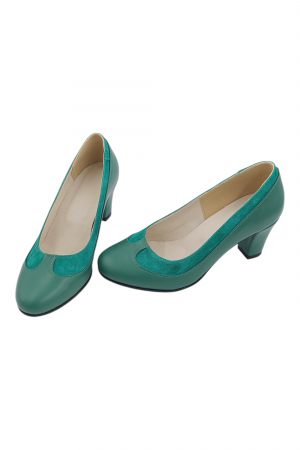 Pantofi damă eleganți, piele naturală, vârf rotund, toc gros mediu, verde [4]