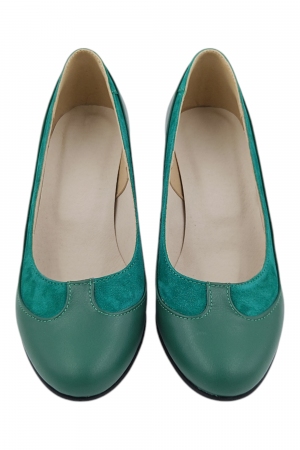Pantofi damă eleganți, piele naturală, vârf rotund, toc gros mediu, verde [3]