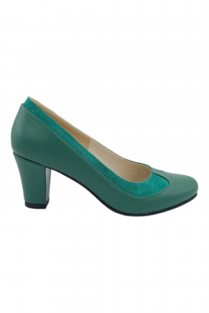 Pantofi damă - Pantofi damă eleganți, piele naturală, vârf rotund, toc gros mediu, verde