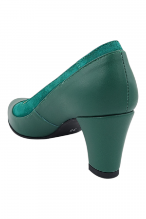 Pantofi damă eleganți, piele naturală, vârf rotund, toc gros mediu, verde [2]