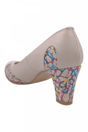 Pantofi damă eleganți, piele naturală, vârf rotund, toc gros mediu, imprimeu mozaic, bej-roz [2]
