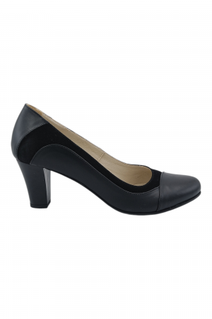 Pantofi cu toc gros 6 cm - Pantofi damă eleganți, piele naturală, vârf rotund, toc gros mediu, negru