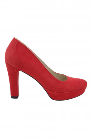 Pantofi damă - Pantofi damă eleganți, piele întoarsă, vârf rotund, toc înalt îmbrăcat, roșu