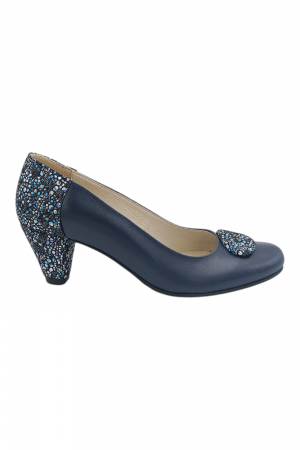 Vara - Pantofi damă eleganți, piele naturală, vârf rotund, toc mic si conic, albastru