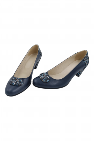 Pantofi damă eleganți, piele naturală, vârf rotund, toc mic si conic, albastru [5]