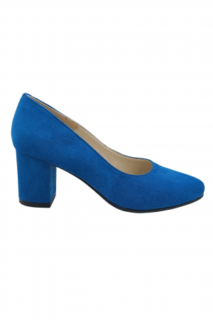 Pantofi damă eleganți, piele naturală velur, toc gros îmbracat, albastru. SANDALI
