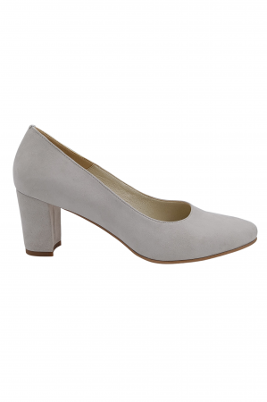 Pantofi cu toc gros 6 cm - Pantofi damă eleganți, piele naturală velur, toc gros îmbrăcat, gri. SANDALI
