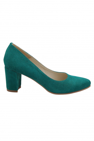 Pantofi cu toc gros 6 cm - Pantofi damă eleganți, piele naturală velur, toc gros îmbrăcat, verde. SANDALI