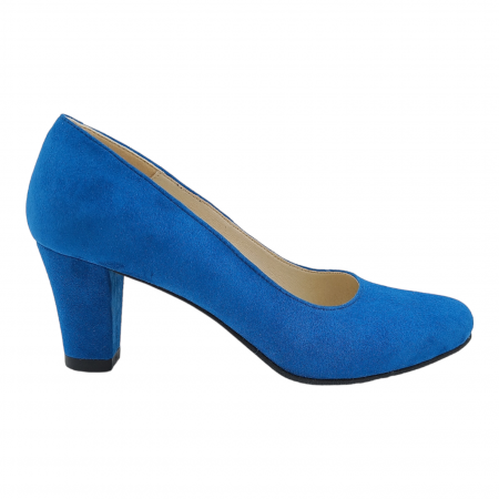 Pantofi cu toc conic - Pantofi damă eleganți, piele naturală velur, toc mediu gros îmbrăcat, albastru, SANDALI