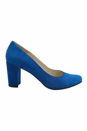 Pantofi cu toc gros 7 cm - Pantofi damă eleganți, piele naturală velur, toc mediu gros îmbrăcat, albastru. SANDALI
