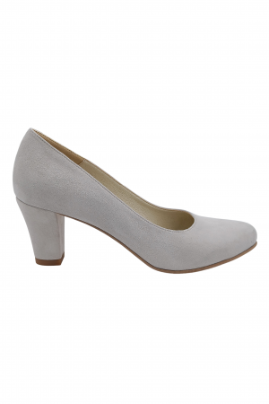 Pantofi cu toc conic - Pantofi damă eleganți, piele naturală velur, toc mediu gros îmbrăcat, gri, SANDALI