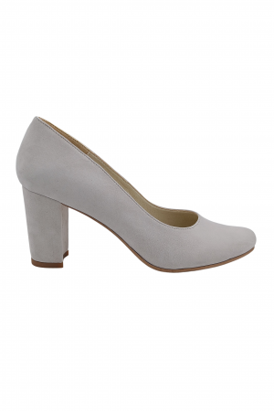Pantofi cu toc gros 7 cm - Pantofi damă eleganți, piele naturală velur, toc mediu gros îmbrăcat, gri. SANDALI