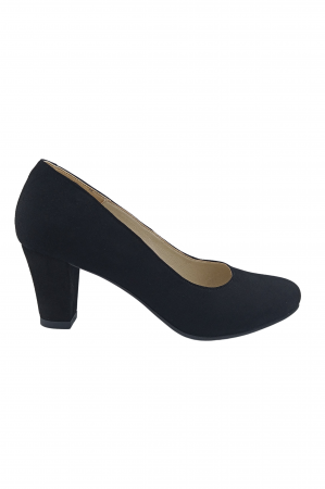 Pantofi cu toc conic - Pantofi damă eleganți, piele naturală velur, toc mediu gros îmbrăcat, negru, SANDALI