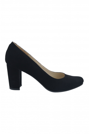 Pantofi cu toc gros 7 cm - Pantofi damă eleganți, piele naturală velur, toc mediu gros îmbrăcat, negru. SANDALI