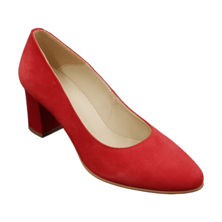 Pantofi cu toc gros 6 cm - Pantofi damă eleganți, piele naturală velur, toc mediu gros îmbrăcat, roșu, SANDALI