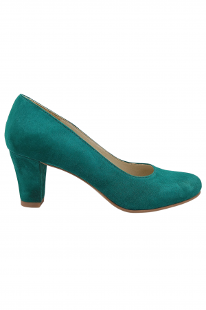 Pantofi cu toc conic - Pantofi damă eleganți, piele naturală velur, toc mediu gros îmbrăcat, verde, SANDALI