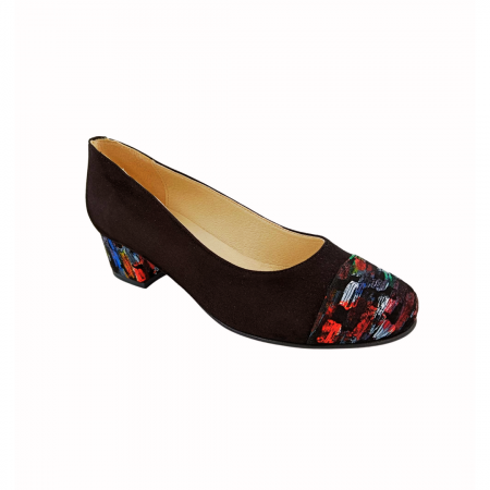 Pantofi cu toc gros 4 cm - Pantofi damă eleganți, piele naturală velur, toc mic gros, picasso, negru, Sandali