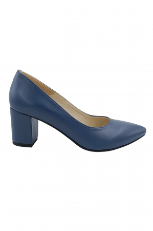 Pantofi cu toc gros 6 cm - Pantofi damă eleganți, stiletto, piele naturală box, toc gros îmbrăcat, albastru. SANDALI