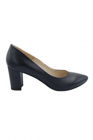 Pantofi cu toc gros 6 cm - Pantofi damă eleganți, stiletto, piele naturală box, toc gros îmbrăcat, negru. SANDALI