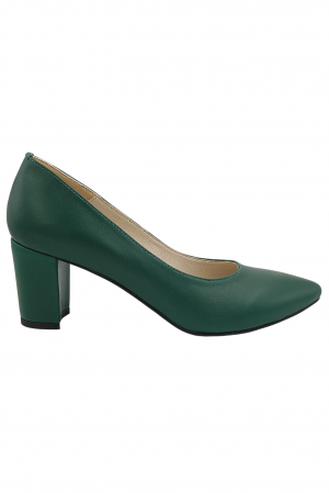 Pantofi cu toc gros 6 cm - Pantofi damă eleganți, stiletto, piele naturală box, toc gros îmbrăcat, verde. SANDALI