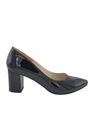 Pantofi damă eleganți, stiletto, piele naturală lăcuită, toc gros, negru. SANDALI