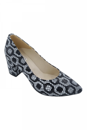Pantofi cu toc gros 6 cm - Pantofi damă eleganți, stiletto, piele naturală, toc gros, alb-negru retro, Sandali