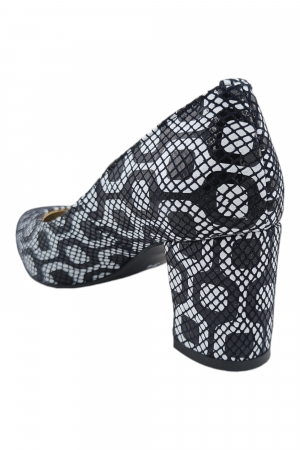 Pantofi damă eleganți, stiletto, piele naturală, toc gros, alb-negru retro, Sandali [2]