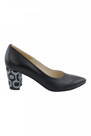 Pantofi damă eleganți, stiletto, piele naturală, toc gros îmbrăcat, alb-negru retro, negru, Sandali [1]