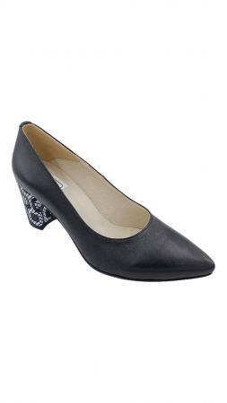 Pantofi cu toc gros 6 cm - Pantofi damă eleganți, stiletto, piele naturală, toc gros îmbrăcat, alb-negru retro, negru, Sandali