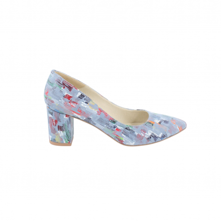 Pantofi cu toc gros 6 cm - Pantofi damă eleganți, stiletto, piele naturală, toc gros îmbrăcat, bleo pictat, Sandali