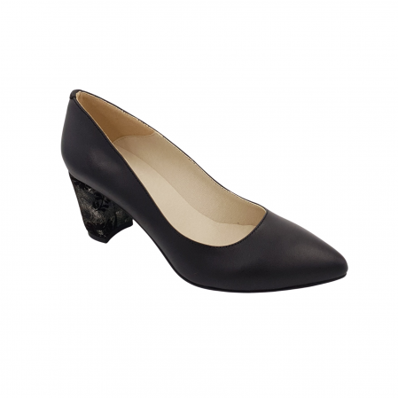 Pantofi cu toc gros 6 cm - Pantofi damă eleganți, stiletto, piele naturală, toc gros îmbrăcat, floral, negru, Sandali