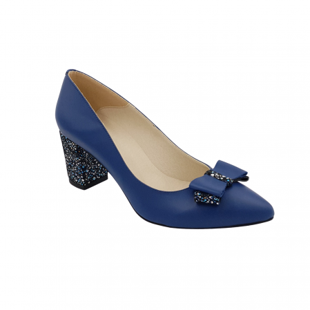Pantofi damă eleganți, stiletto, piele naturală, toc gros îmbrăcat, fundă, albastru cu flori albastre, Sandali