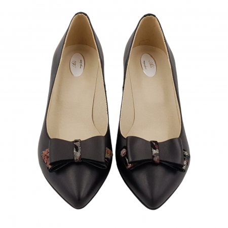 Pantofi damă eleganți, stiletto, piele naturală, toc gros îmbrăcat, fundă, negru floral, Sandali [2]
