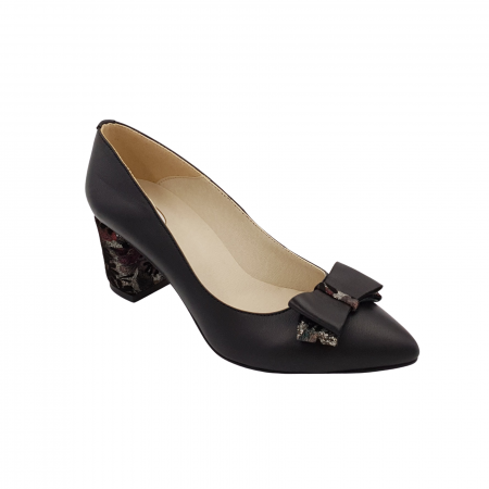 Pantofi damă eleganți, stiletto, piele naturală, toc gros îmbrăcat, fundă, negru floral, Sandali