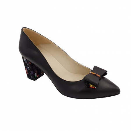 Pantofi cu toc gros 6 cm - Pantofi damă eleganți, stiletto, piele naturală, toc gros îmbrăcat, fundă, picasso, negru, Sandali