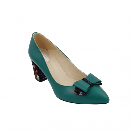 Pantofi cu toc gros 6 cm - Pantofi damă eleganți, stiletto, piele naturală, toc gros îmbrăcat, fundă, picasso, verde, Sandali