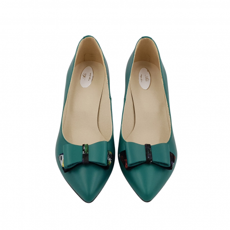 Pantofi damă eleganți, stiletto, piele naturală, toc gros îmbrăcat, fundă, picasso, verde, Sandali [2]