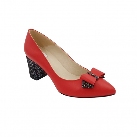 Pantofi damă eleganți, stiletto, piele naturală, toc gros îmbrăcat, fundă, roșu cu linii colorate, Sandali