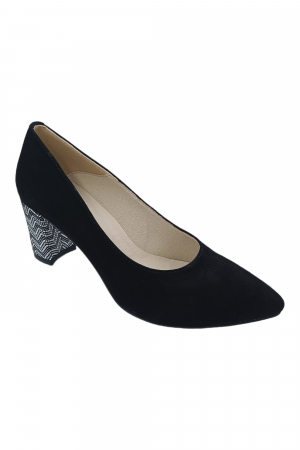 Pantofi cu toc gros 6 cm - Pantofi damă eleganți, stiletto, piele naturală velur, toc gros îmbrăcat, negru zig-zag, negru, Sandali