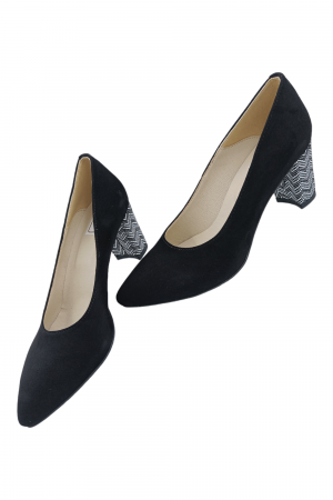 Pantofi damă eleganți, stiletto, piele naturală velur, toc gros îmbrăcat, negru zig-zag, negru, Sandali [4]
