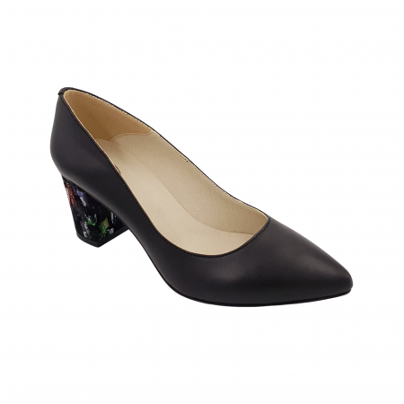 Pantofi cu toc gros 6 cm - Pantofi damă eleganți, stiletto, piele naturală, toc gros îmbrăcat, picasso, negru, Sandali