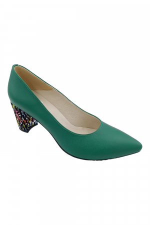 Pantofi cu toc gros 6 cm - Pantofi damă eleganți, stiletto, piele naturală, toc gros îmbrăcat, verde litere, Sandali