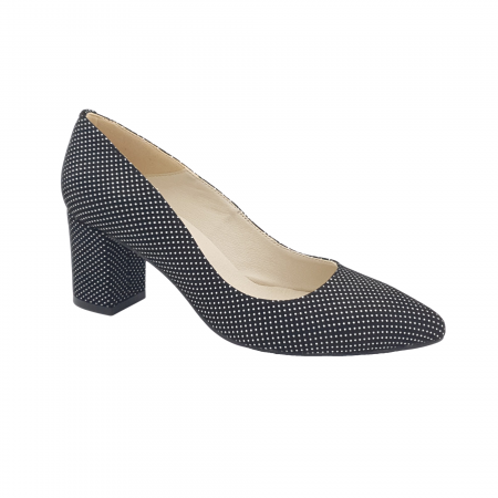 Pantofi cu toc gros 6 cm - Pantofi damă eleganți, stiletto, piele naturală, toc gros, negru cu buline albe, Sandali
